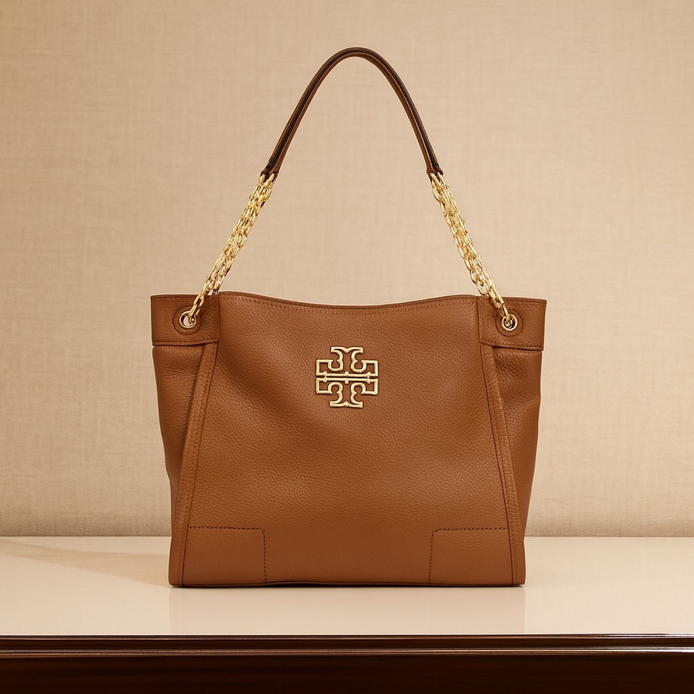 Tory Burch Bark Tan Pebbled Leather Small Britten Slouchy Tote